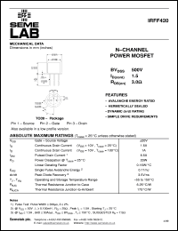 IRFF420 datasheet: 500V Vdss N-Channel FET (field effect transistor) IRFF420