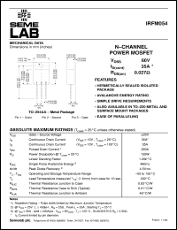IRFM054 datasheet: 60V Vdss N-Channel FET (field effect transistor) IRFM054