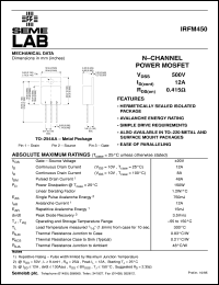 IRFM450 datasheet: 500V Vdss N-Channel FET (field effect transistor) IRFM450