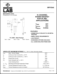 IRFY044 datasheet: 60V Vdss N-Channel FET (field effect transistor) IRFY044