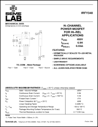 IRFY340 datasheet: 400V Vdss N-Channel FET (field effect transistor) IRFY340