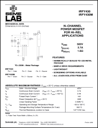IRFY430 datasheet: 500V Vdss N-Channel FET (field effect transistor) IRFY430