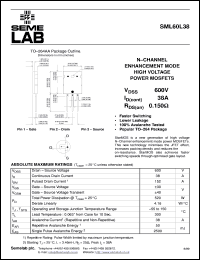 SML60L38 datasheet: 600V Vdss N-Channel FET (field effect transistor) SML60L38