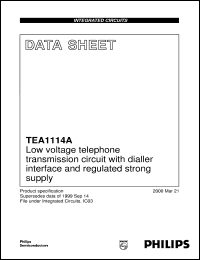 TEA1114AT/C1 datasheet: Low voltage telephone transmission circuit with dialler interface and regulated strong supply TEA1114AT/C1