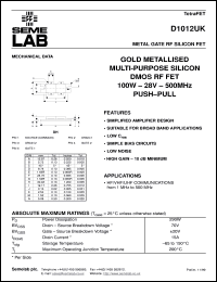 D1012UK datasheet: 28V, 100W, 1MHz-500MHz push-pull RF D1012UK