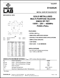 D1020UK datasheet: 28V, 150W, 1MHz-400MHz push-pull RF D1020UK