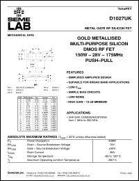 D1027UK datasheet: 28V, 150W, 1MHz-200MHz push-pull RF D1027UK