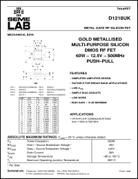 D1218UK datasheet: 12.5V, 60W, 1MHz-500MHz push-pull RF D1218UK