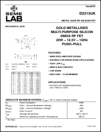 D2213UK datasheet: 12.5V, 20W, 1MHz-1000MHz push-pull RF D2213UK