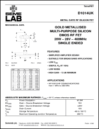 D1014UK datasheet: 28V, 20W, 1MHz-400MHz single-edded RF D1014UK