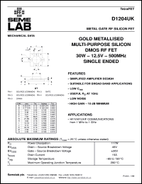 D1204UK datasheet: 12.5V, 30W, 1MHz-500MHz single-edded RF D1204UK