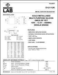 D1211UK datasheet: 12.5V, 10W, 1MHz-500MHz single-edded RF D1211UK