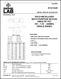 D1213UK datasheet: 7.2V, 6W, 1MHz-500MHz single-edded RF D1213UK