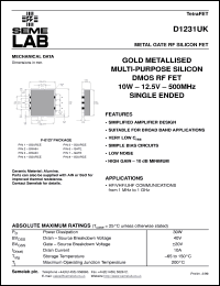 D1231UK datasheet: 12.5V, 10W, 1MHz-500MHz single-edded RF D1231UK