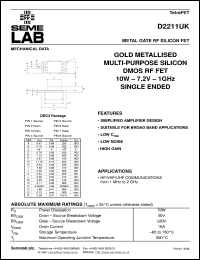 D2211UK datasheet: 7.2V, 10W, 1MHz-1000MHz single-edded RF D2211UK