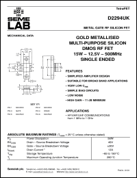 D2294UK datasheet: 12.5V, 15W, 1MHz-1000MHz single-edded RF D2294UK