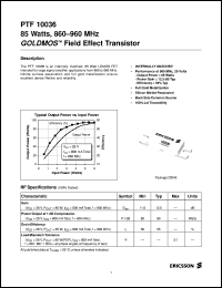 PTF10036 datasheet: 85 watts, 860-960 MHz GOLDMOS field effect transistor PTF10036