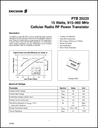 PTB20220 datasheet: 15 watts, 915-960 MHz cellular radio RF power transistor PTB20220