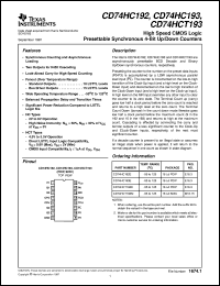 CD54HC193F3A datasheet:  HIGH SPEED CMOS LOGIC PRESETTABLE SYNCHRONOUS 4-BIT BINARY UP/DOWN COUNTERS CD54HC193F3A