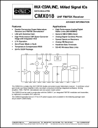 CMX018D6 datasheet: UHF FM/FSK receiver CMX018D6