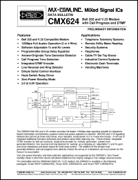 CMX624D2 datasheet: Bell 202 and V.2 modem with call progress and DTMF CMX624D2