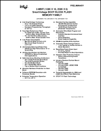 E28F200BV-T60 datasheet: 2-Mbit (128K x 16, 256K x 8) SmartVoltage boot block flash memory family. Access speed Vcc=5V, voltage options (Vpp/Vcc) V=(5 or 12 / 3.3 or 5) E28F200BV-T60