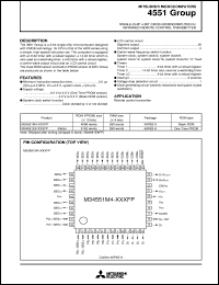 M34551E8FP datasheet: Single-chip 4-bit CMOS microcomputer for infrared remote control transmitter. PROM 8192 words x 10 bits, RAM 280 words x 4 bits. One time PROM. M34551E8FP