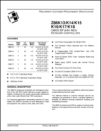 Z86K1305PSC datasheet: 5 MHz, CMOSZ8 8-bit MCU Keyboard controller. 2 Kbytes of ROM, 188 bytes of RAM Z86K1305PSC