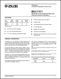 Z86C17 datasheet: 4 MHz, CMOSZ8 8-bit microcontroller. 2 Kbytes of ROM, 124 bytes of RAM Z86C17