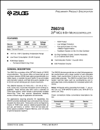 Z8631804PSC datasheet: 4 MHz, Z8 MCU 8-bit microcontroller. 124 Kbytes of ROM, 14 bytes of RAM Z8631804PSC