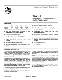 Z86U18PSC datasheet: USB device controller with CMOS Z86K15 MCU. 4 Kbytes of ROM, 188 bytes of RAM, 6 MHz Z86U18PSC