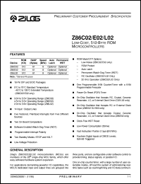 Z86E0208PSC datasheet: Low-cost microcontroller. 512 bytes ROM, 61 bytes RAM, 8 MHz Z86E0208PSC