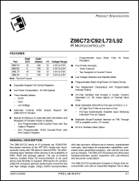 Z86L7208PSC datasheet: IR microcontroller. 16 Kbytes ROM, 748 bytes RAM, 8 MHz, 2.0V to 3.9V Z86L7208PSC
