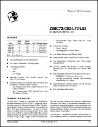 Z86L7208VSC datasheet: IR microcontroller. 16 Kbytes ROM, 748 bytes RAM, 8 MHz, 2.0V to 3.9V Z86L7208VSC