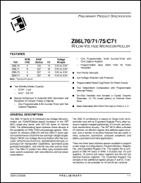Z86C7116PSC datasheet: IR/Low-voltage microcontroller. 16.0 MHz, 8 (KB) ROM, 237 (bytes) RAM, I/O 16,  4.5 V to 5.5 V Z86C7116PSC