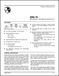 Z86L7808PSC datasheet: IR/Low-voltage microcontroller. 8.0 MHz, 16 (KB) ROM, 493 (bytes) RAM, I/O 16,  2.0 V to 3.9 V Z86L7808PSC