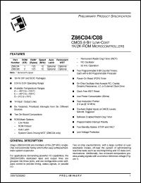 Z86C0812PAC datasheet: CMOS 8-bit low-cost microcontroller. 12 MHz, 2 Kbyte ROM, 125 bytes RAM, 3.0V to 5.5V Z86C0812PAC