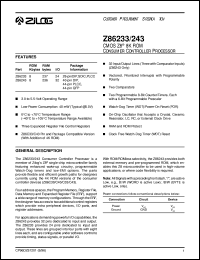 Z8623316PEC datasheet: CMOS Z8 consumer controller. 16 MHz, 8 Kbyte ROM, 237 bytes RAM, 24 I/O, 3.0V to 5.5V Z8623316PEC