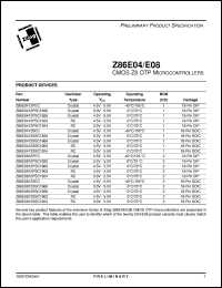 Z86E0412SSC1866 datasheet: CMOS Z8 OTP microcontroller. 12 MHz, 1 Kbyte ROM, 125 bytes RAM, 14 I/O, 4.5V to 5.5V Z86E0412SSC1866