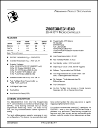 Z86E4016PEC datasheet: Z8 OTP microcontroller. 16 MHz, 4 Kbytes ROM, 236 bytes RAM, 32 I/O, 4.5V to 5.5V Z86E4016PEC