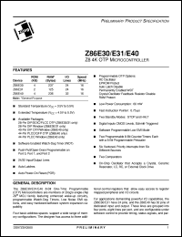 Z86E3016VSC datasheet: Z8 OTP microcontroller. 16 MHz, 4 Kbytes ROM, 237 bytes RAM, 24 I/O, 3.5V to 5.5V Z86E3016VSC