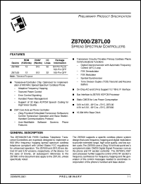 Z87L00 datasheet: Spread spectrum controller. 16.384 MHz, 12 Kwords ROM, 512 words RAM, 32 I/O, 3.0V to 3.6V Z87L00