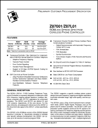 Z87001 datasheet: ROMless spread spectrum cordless phone controller. 16.384 MHz, 64 Kwords ROM, 512 words RAM, 32 I/O, 4.5V to 5.5V Z87001