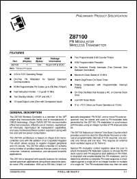 Z87100 datasheet: PN modulator wireless transmitter. 12 MHz, 1 Kbytes ROM, 124 bytes RAM, 12 lines I/O, 3.0V to 5.5V Z87100