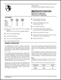 Z86C3016SEC datasheet: CMOS Z8 consumer controller processor. ROM 4 KB, RAM 237 bytes, speed 16 MHz, 24 lines I/O Z86C3016SEC