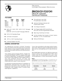 Z86C3112VEC datasheet: CMOS Z8 consumer controller processor. ROM 2 KB, RAM 125 bytes, speed 12 MHz, 24 lines I/O, 3.0V to 5.5V Z86C3112VEC