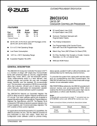 Z86C3312PEC datasheet: CMOS Z8 consumer controller processor. ROM 4 KB, RAM 237 bytes, speed 12 MHz, 24 lines I/O, 3.0V to 5.5V Z86C3312PEC