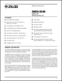 Z86C6116PEC datasheet: CMOS Z8 microcontroller. ROM 16 Kbytes, RAM 256 bytes, speed 16 MHz, 32 lines I/O, 3.0V to 5.5V Z86C6116PEC