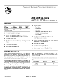 Z86E0208PECSL1925 datasheet: CMOS Z8 OTP microcontroller. ROM 0.5 Kbytes, RAM 61 bytes, speed 8 MHz, 4.5 V to 5.5 V Z86E0208PECSL1925