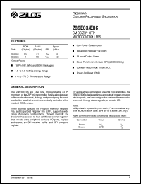 Z86E0308SSC datasheet: CMOS Z8 OTP microcontroller. ROM 512 Kbytes, RAM 61 Kbytes, speed 8 MHz, 4.5 V to 5.5 V Z86E0308SSC